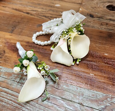 Matching Calla Lily Wrist Corsage and Boutonniere